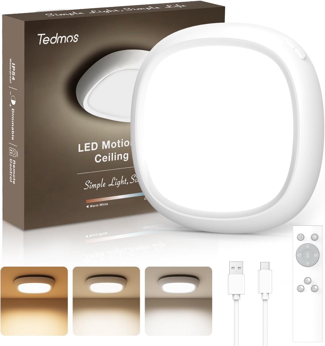 Draadloze Plafondlamp met Bewegingssensor en Oplaadbare LED, Waterdicht 550LM, 12000mAh Accu, USB Plafondverlichting met Afstandsbediening voor Binnengebruik en Veiligheid