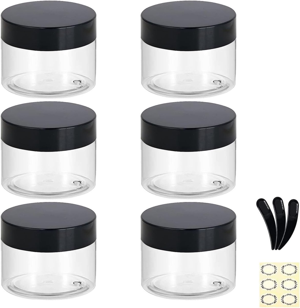 Set van 6 Lege Plastic Potjes van 100ml met Zwarte Deksel - Transparante Ronde Crème Potjes voor Cosmetica, Reizen en Opslag met Binnenvoering voor Lichaamsverzorging