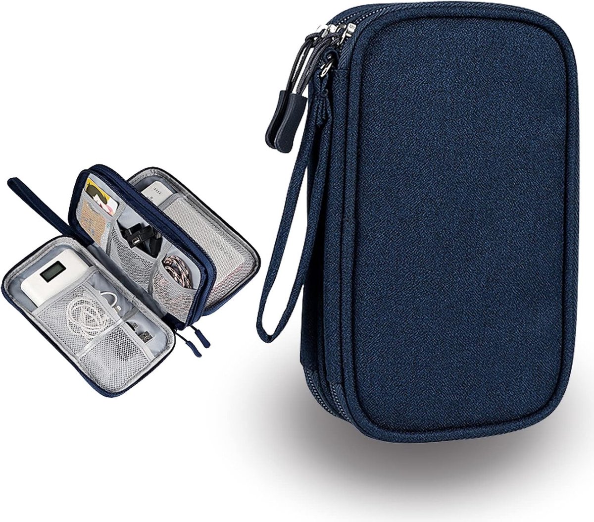 Dubbele Laags Elektronische Tas Organiser voor Kabels, Opladers en Accessoires - Ideaal voor Mobiele Telefoons en Power Banks (Blauw)