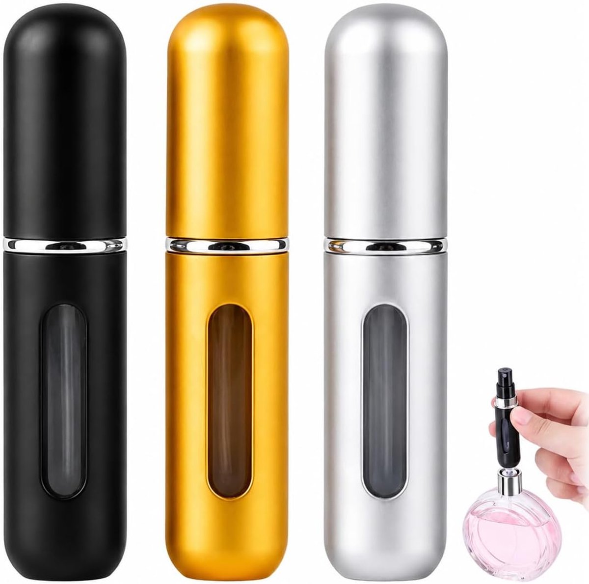 Parfumverstuiver 3 stuks - Reisparfumverstuiver 5ml, minispray voor handtas, zilver, goud, zwart