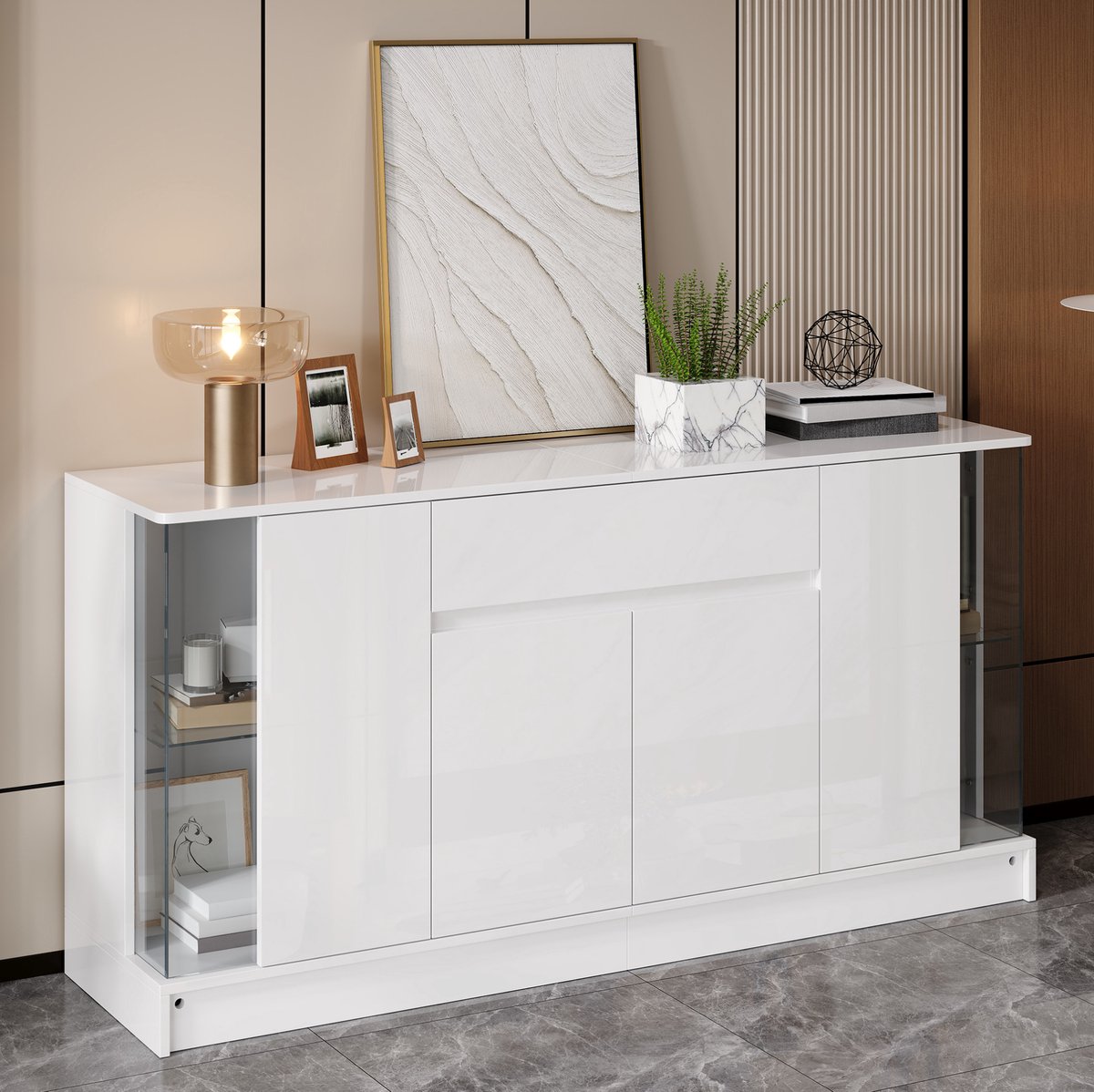 OKWISH Dressoir - Appgestuurde LED-Verlichting - Woonkamer Of Eetkamer - Hoogglans Spaanplaat Wit - 150 X 40 X 75 Cm