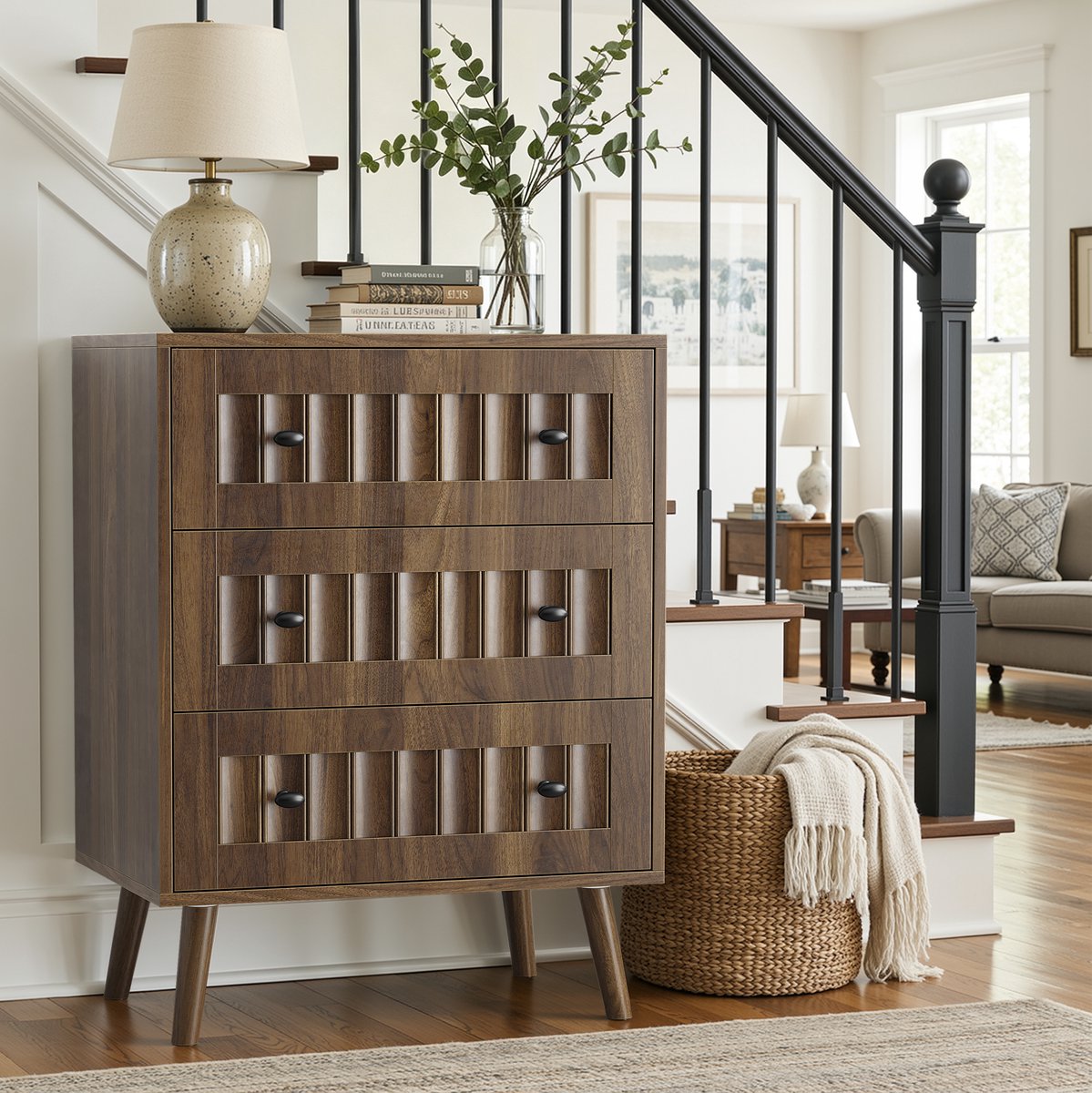 WUVRIE Ladekast 60 x 40 x 79 cm - 3 lades en MDF-kast met houten poten - Walnoot