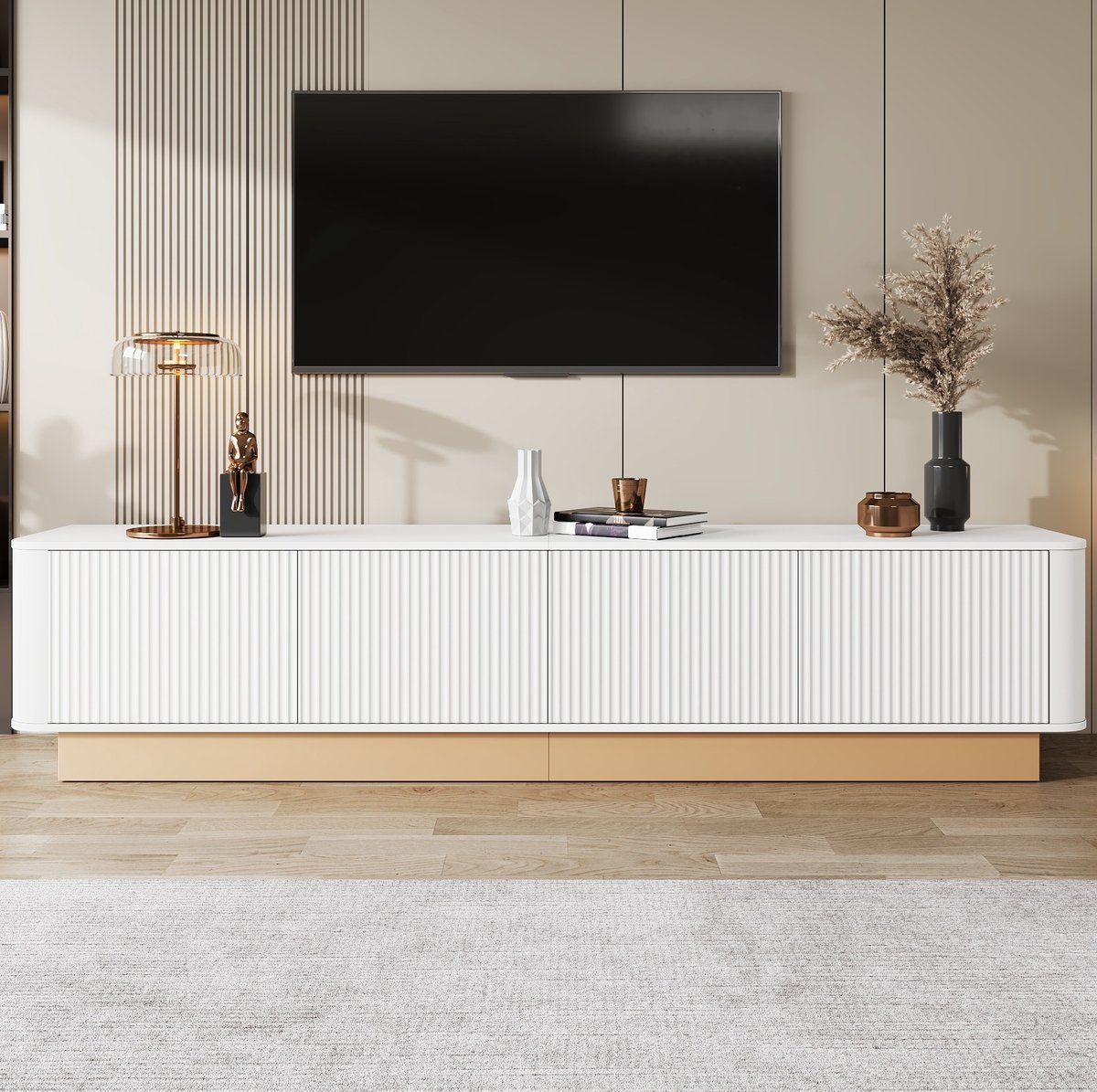 WUVRIE TV-meubel 200 cm - 4 deuren, verstelbare planken en kabeldoorvoeren - Wit