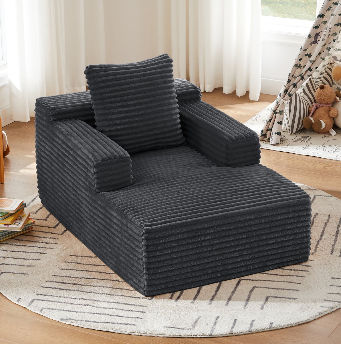 REDOM Chaise longue - 1-zits - Ribstof bekleding - Schuim- en pocketveringvulling - Moderne stijl - Woonkamer - Donkergrijs - 117 x 81 x 50 cm