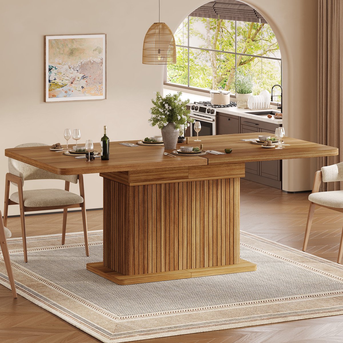OKWISH Uitschuifbare Eettafel - Verborgen Opbergruimte - Voor Eetkamer En Werkplek - MDF En Metaal Bruin - 120 Tot 160 x 80 x 76 cm