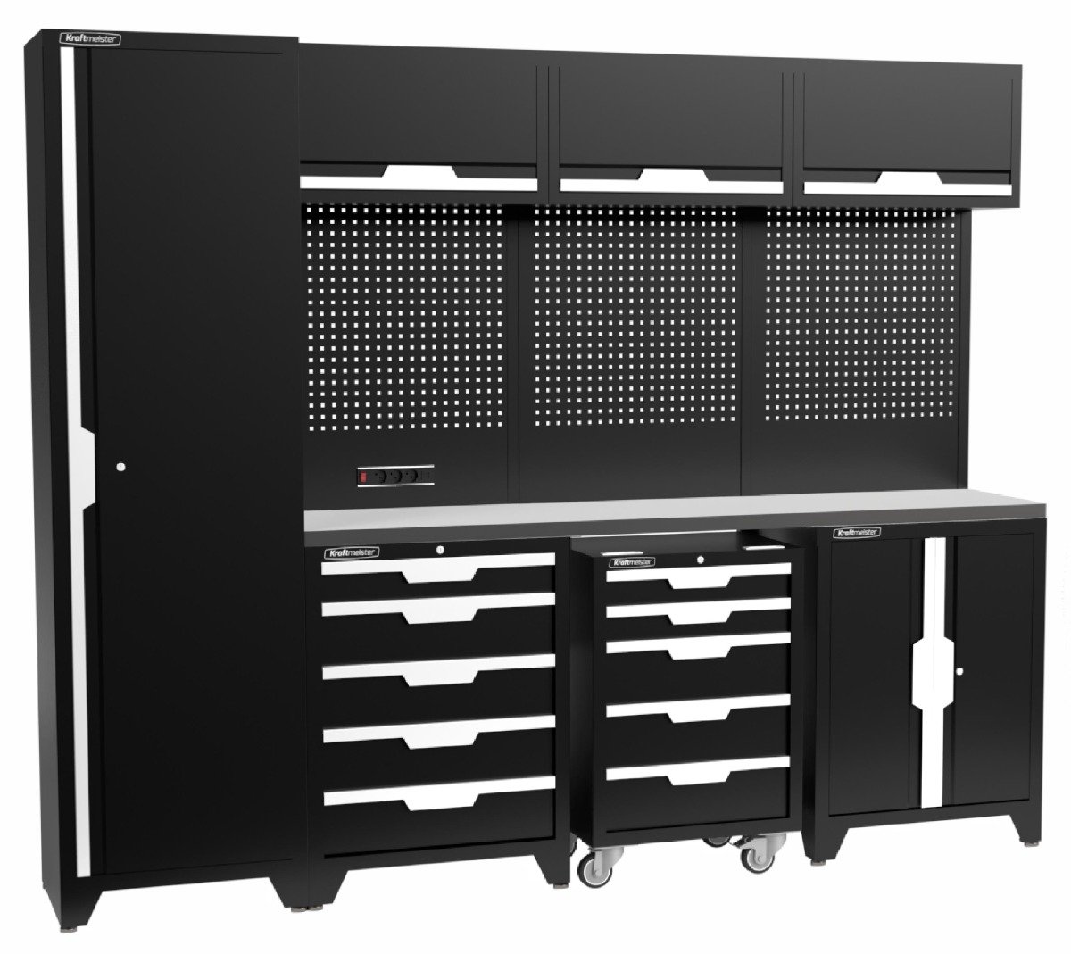 Kraftmeister werkplaatsinrichting - Werkbank met 3 wandkasten, 1 werkplaatskast, 1 opbergkast en RVS werkblad - Werktafel met 10 laden en gereedschapswand - Complete set voor werkplaats of garage - Zwart