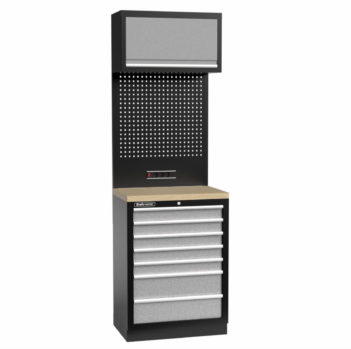 Kraftmeister werkplaatsinrichting - Werkbank met 1 wandkast en multiplex werkblad - Werktafel met 7 laden en gereedschapswand - Complete set voor werkplaats of garage - Grijs