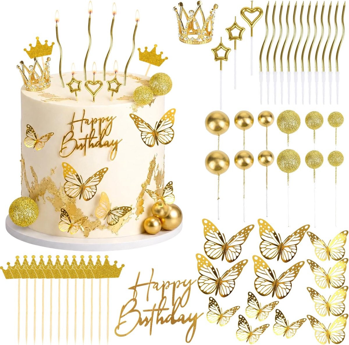 53-delige taartdecoratieset goud met kroon, Happy Birthday taarttopper, ballen, vlinders en kaarsen, premium taartdecoratie verjaardag voor meisjes, vrouwen, feest en feesten