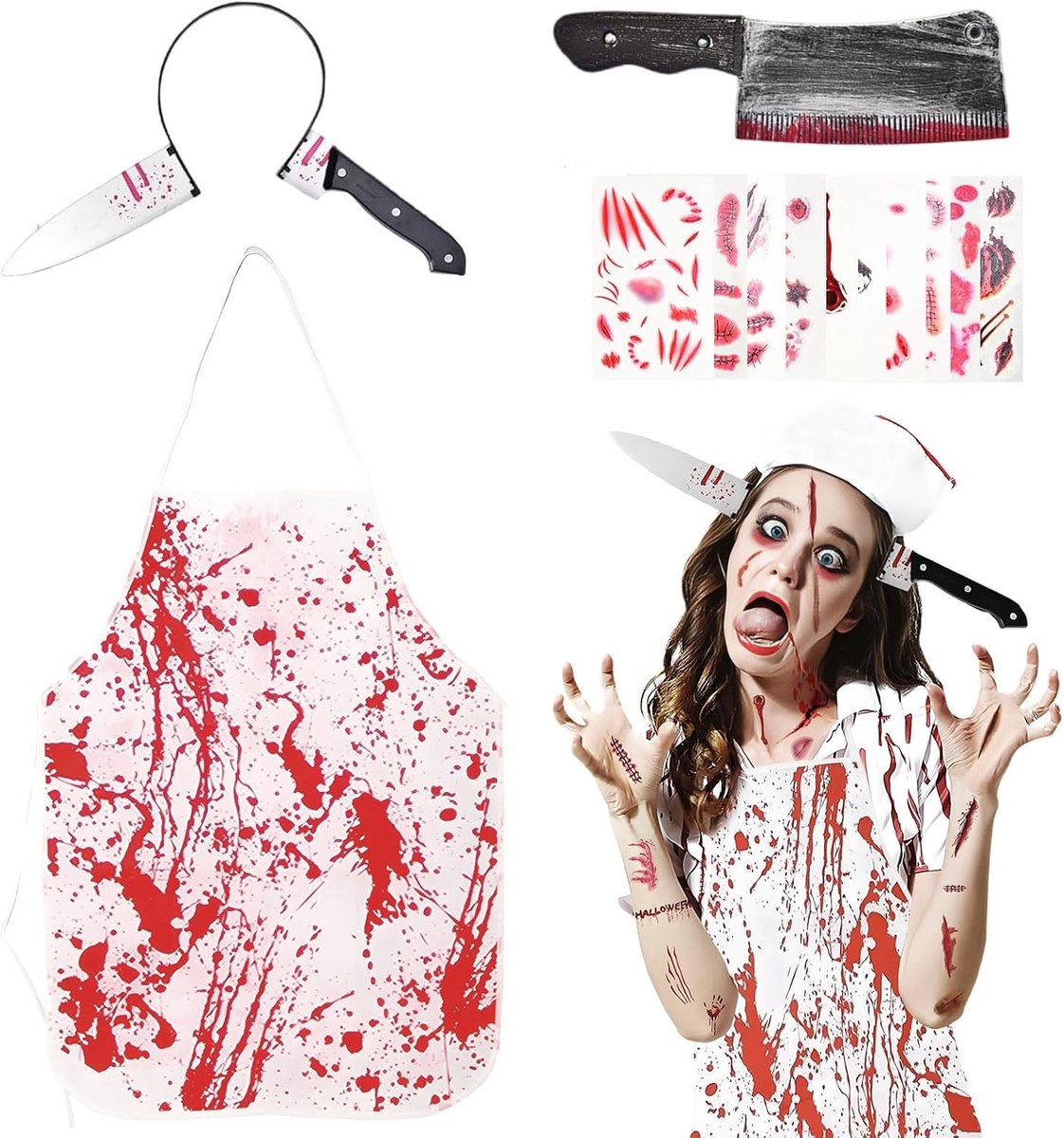 Halloween Kostuum voor Slager met Schort en Mes, Inclusief Haaraccessoires en Litteken Tatoeage voor Themafeesten en Rollenspellen