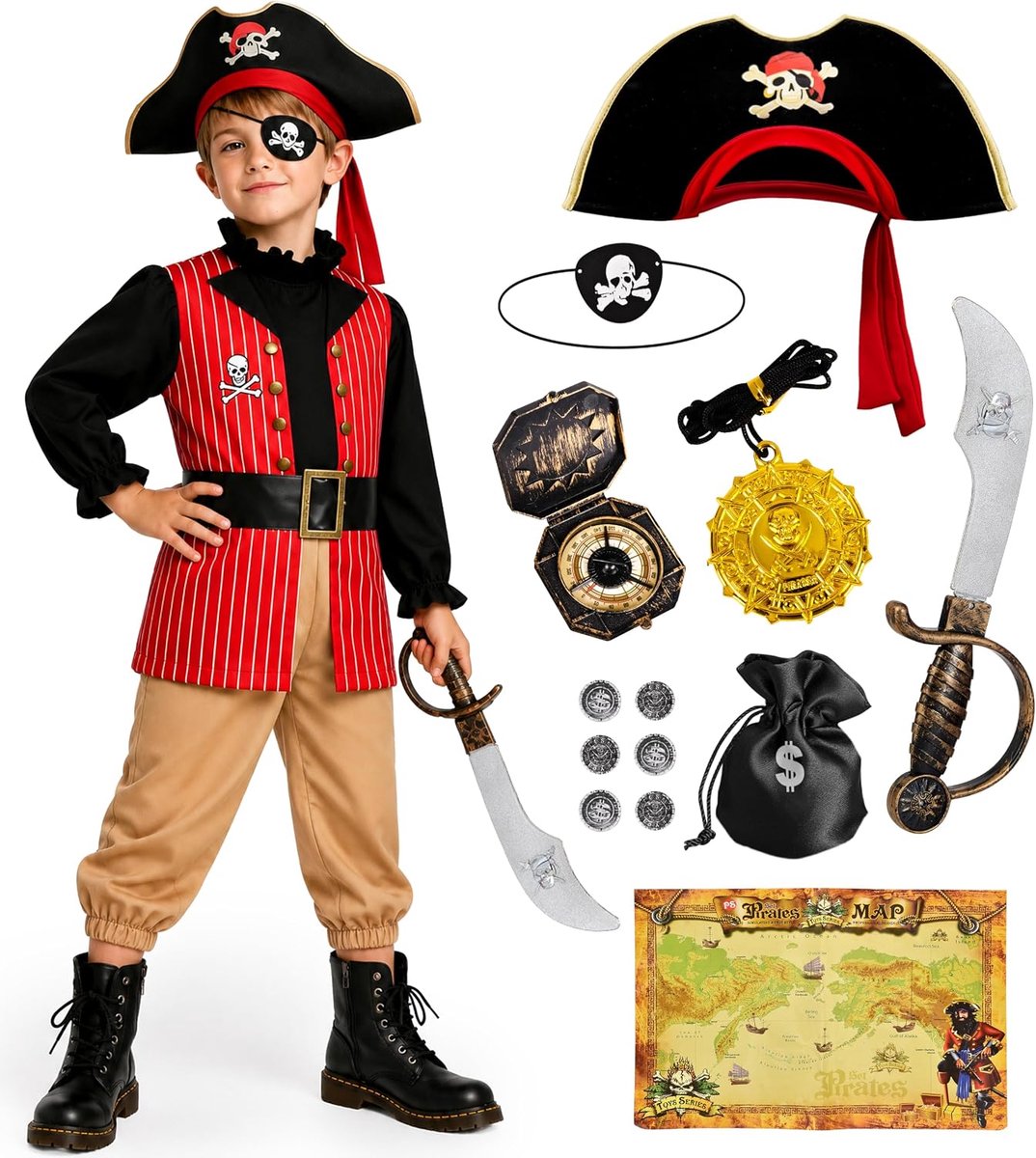 Piratenkostuum voor kinderen met hoed, onderarmen, kompas, muntzak, piratenaccessoires, piratenkostuum voor kinderen, voor carnaval, Halloween, piratenfeest, verjaardag