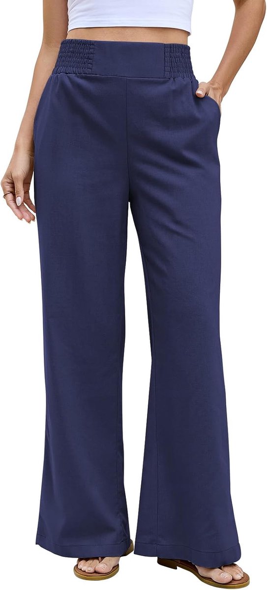 Zomer, vloeiend, linnen broek, hoge elastische broek, comfortabele broek met zakken