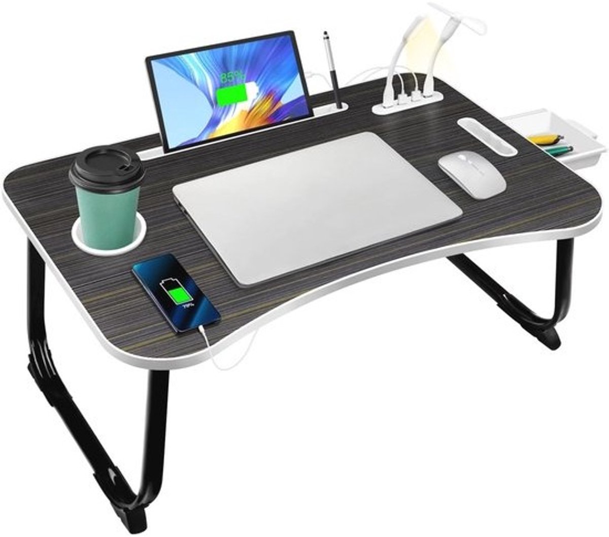 Opvouwbare laptoptafel - met USB-laders, lade en bekerhouder - Voor bed, bank en vloer - 60 x 40 cm - zwart