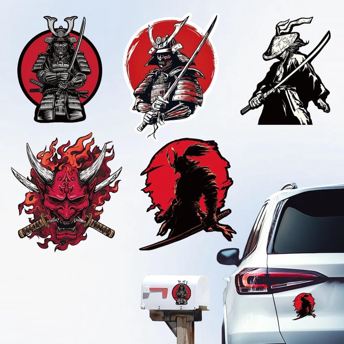 5 stuks Samurai Krijger Sticker Plastic Reflecterende Japen Bushido Decals Waterdichte Japanse Krijgers Geest Klampt zich vast voor Voertuig Decoratie Autoruit Laptop Bumper Toolbox & Gear