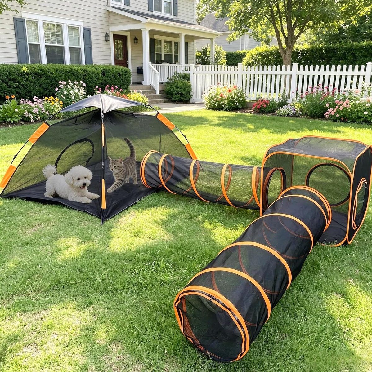 Kattentunnel met tent, 4-in-1 hondenverblijven voor buiten
