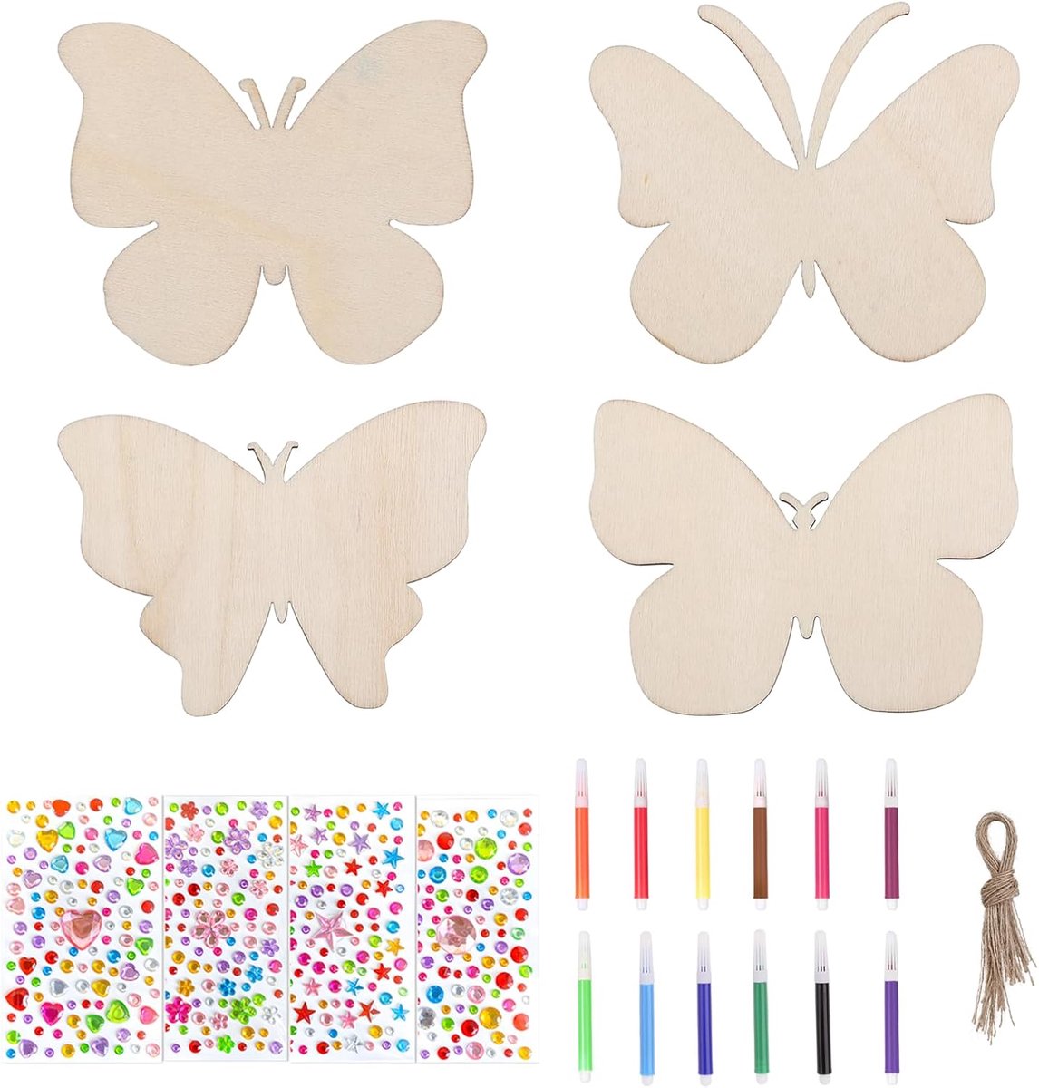 24 stuks kinderverjaardag knutselen, knutselen voor kinderen jaar, vier verschillende vlinder-schildersjablonen van hout met diamantstickers, schildersjabloon doe-het-zelf set