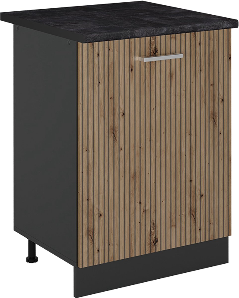 Vicco Keukenonderkast R-Line, Artisanaal eiken/Antraciet, 60 cm met 1 deur antraciet werkblad