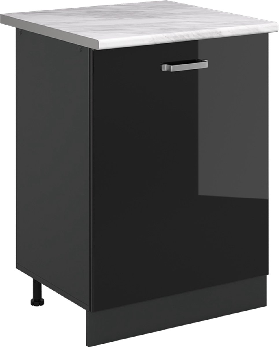 Vicco Keukenonderkast R-Line, Zwart hoogglans/Antraciet, 60 cm met 1 deur marmer werkblad