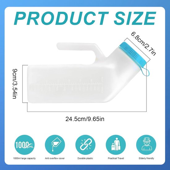 Male Urinal Bottle 1000ml - Unisex Urinals - Transparante Urinal Collector - Draagbare Urinal Toiletten met Deksel van Merkloos	 — afbeelding 5