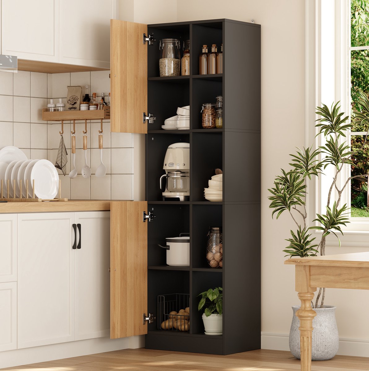 OKWISH Keukenkast - Hoekkast Met 6 Open Vakken En 2 Deuren - Verstelbare Legplanken - MDF Zwart En Naturel - 50 x 35,5 x 170 cm