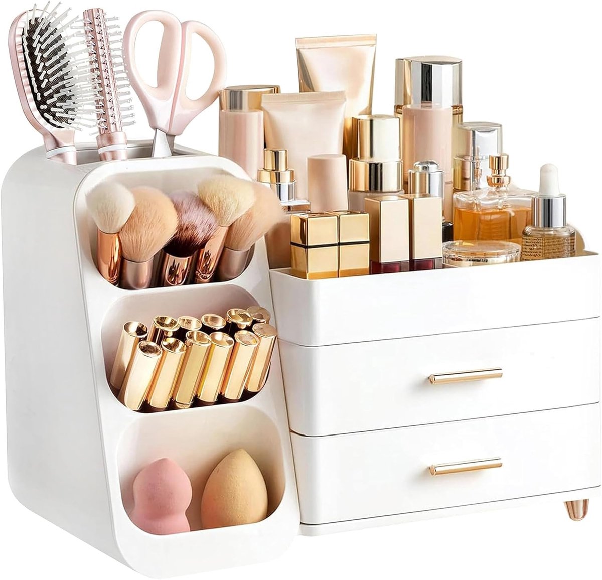 SnelShoppen - Makeup Organiser met Lades, Cosmetica Box met Borstelhouder, 3-in-1 Plastic Make-up Organizer, Wit, Grote Capaciteit voor 30 Make-up Ite
