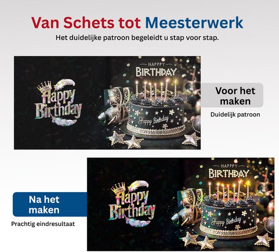 Vergelijking van 'Happy Birthday' diamond painting kaarten: een 'voor het maken' met patroon en 'na het maken' met eindresultaat.