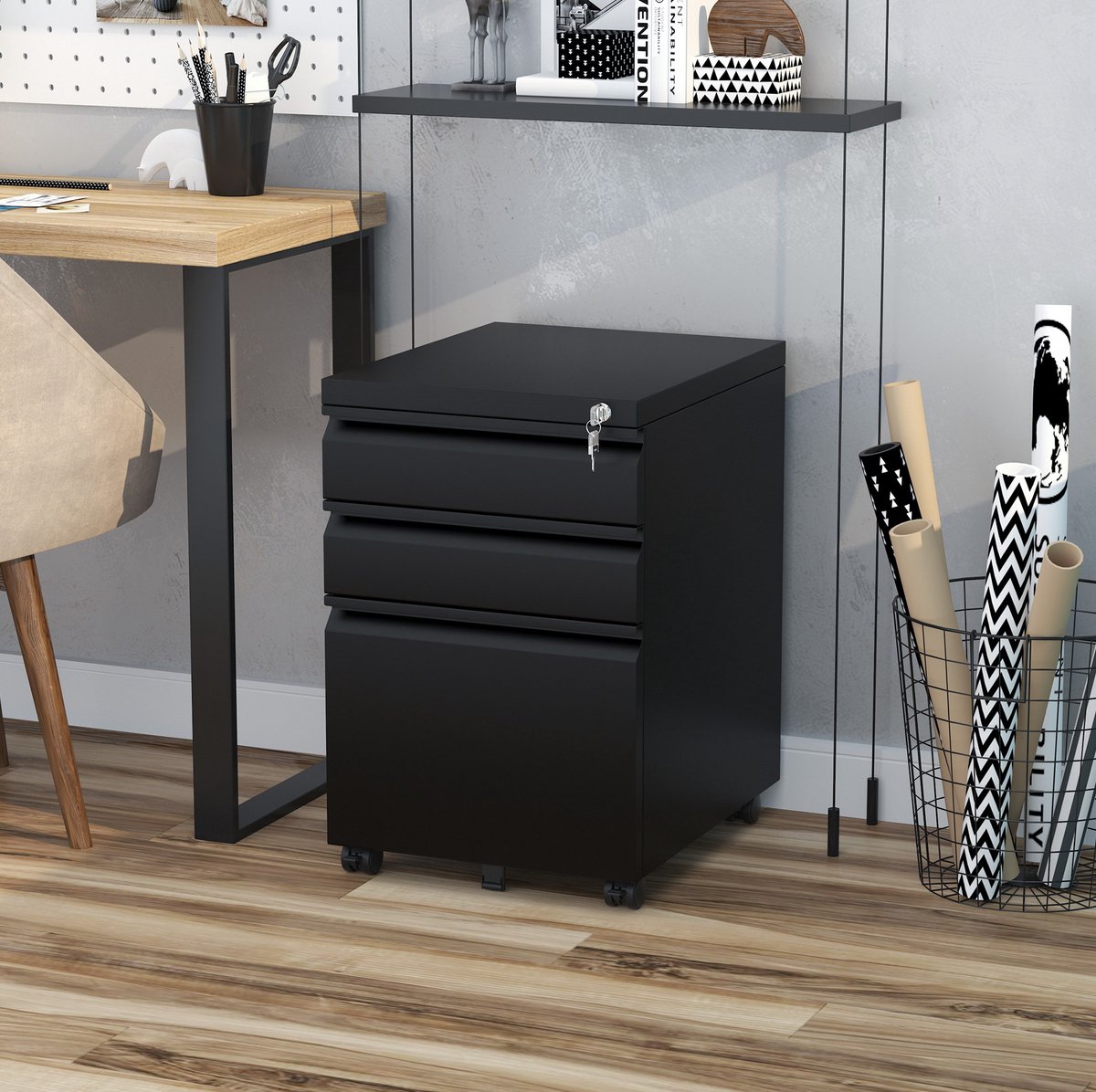WUVRIE Verrijdbare archiefkast 39x48x60 cm - 3 afsluitbare lades - Zwart