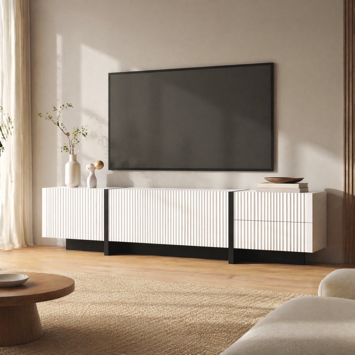 WUVRIE TV-meubel 190x35x45 cm - 3 deuren en 2 lades met dempingsscharnieren - Wit/zwart