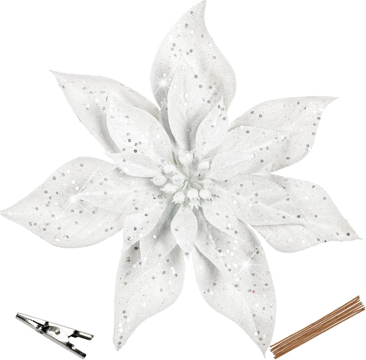 Kunstmatige kerstster bloemen set van 8 - Glitterend wit - Met clips voor decoratie - Perfect voor kerstboom versiering - ShopVlot