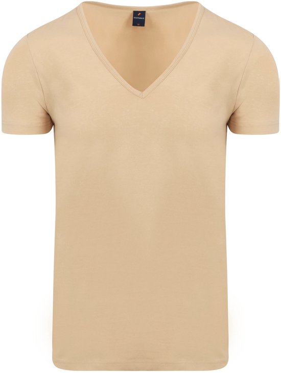 Beige v-hals t-shirt met korte mouwen.