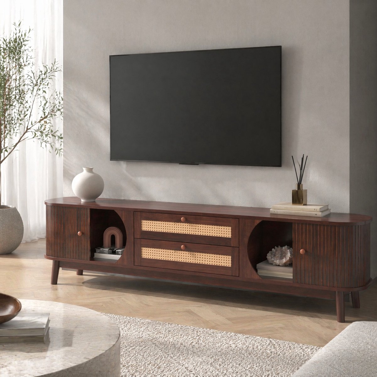 WUVRIE Tv-meubel 170 x 39,5 x 46 cm - 2 lades en open vakken - MDF en rotan - Naturel Bruin