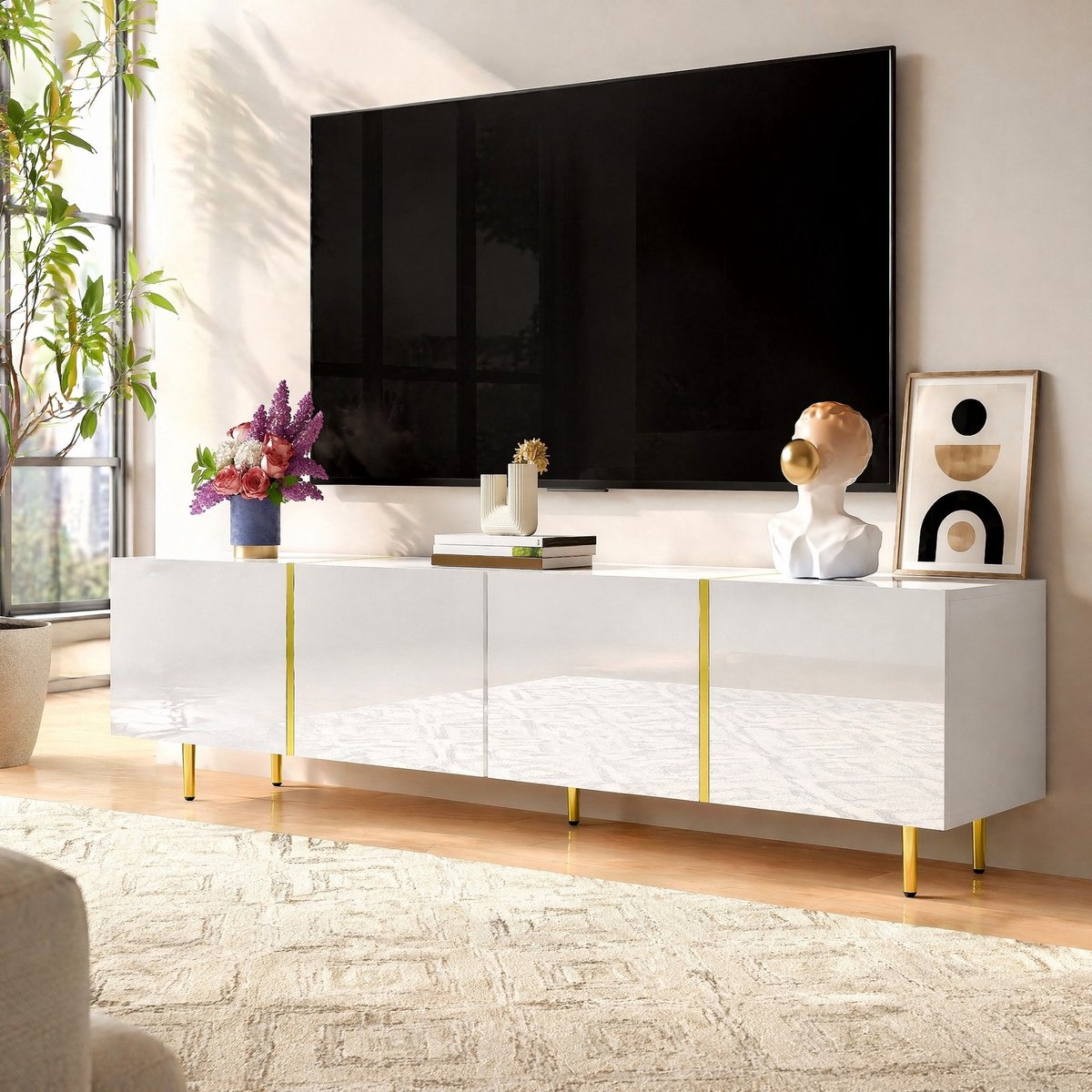 WUVRIE Tv-meubel 170 x 35 x 46 cm - 4 deuren met soft-close - Hoogglans wit/goud