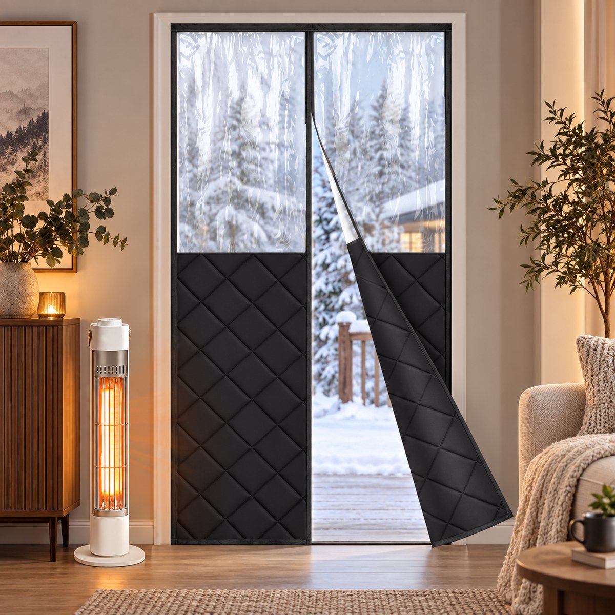 Lapamax Magnetische Isolerende Gordijnen met Groot PVC-Venster - 380GSM Gewatteerd Deurgordijn - Zelfsluitend, Zonder Boren - Dikke Gordijnen voor Garage en Werkruimte - Zwart -2 Stuks - 90 x 210 cm (B x H)