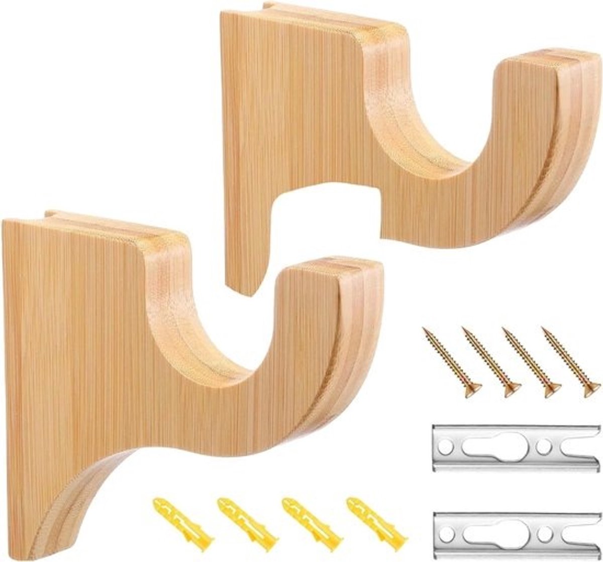 Houten beugels voor gordijnroede - Set roedehouders - Voor het ophangen van raambekleding - Constructie van massief hout - 2 stuks - Lichtbruin