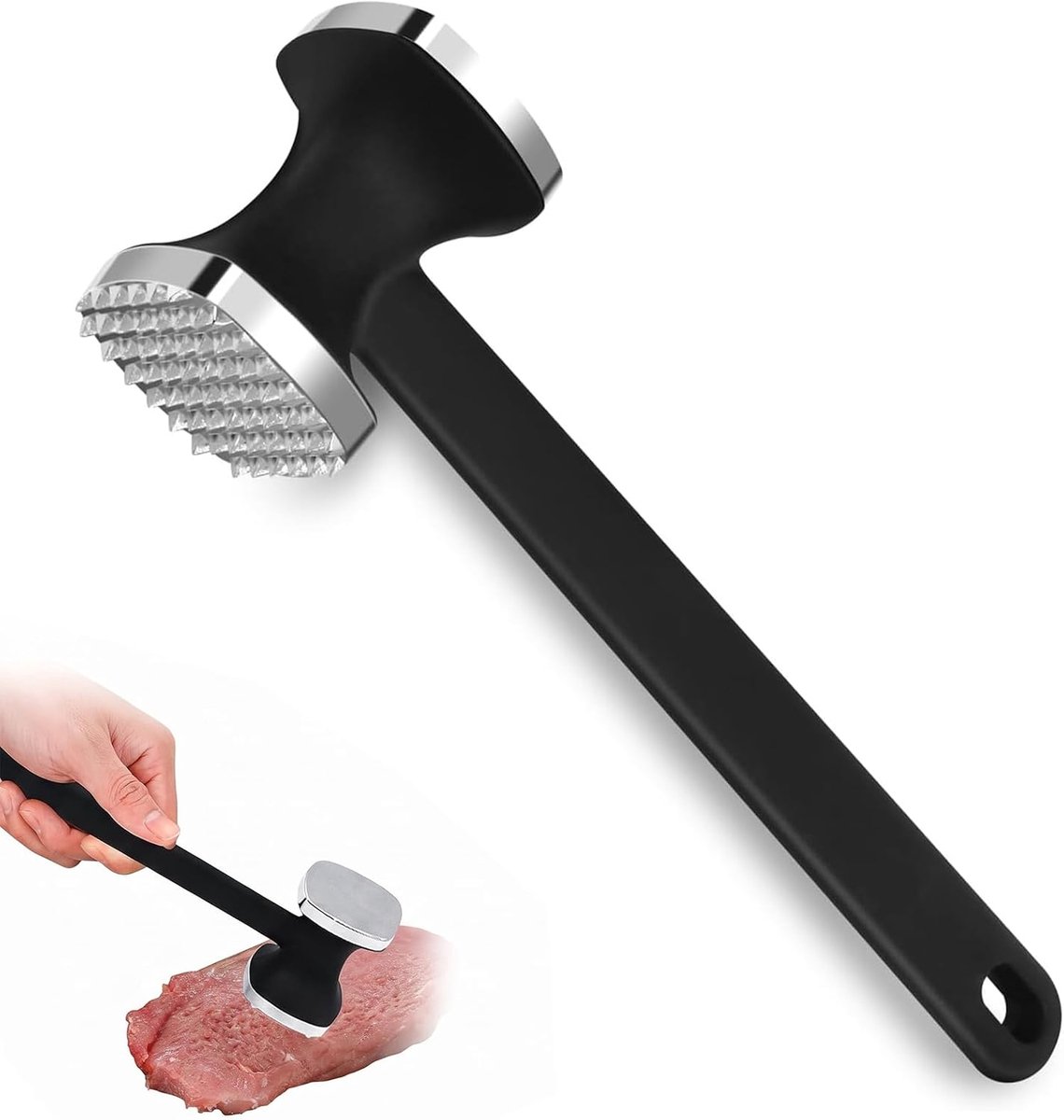Vleesklopper van roestvrij staal, vaatwasmachinebestendig, 24,5 cm, professionele vleeshamer voor steak en schnitzels, vleeshamer zilver, robuuste vleesplatter en schnitzelklopper voor de keuken