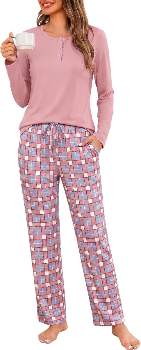 Henley-hals, geruite pyjamaset, nachtkleding met