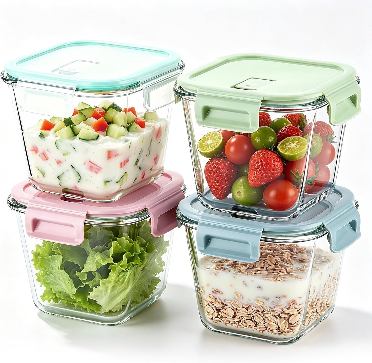 Set van 4 glazen containers met deksel, 750 ml meal prep glazen voor soep, salade, muesli, luchtdicht, lekvrij, BPA-vrij, vershouddozen, glas voor magnetron, vriezer, vaatwasmachinebestendig