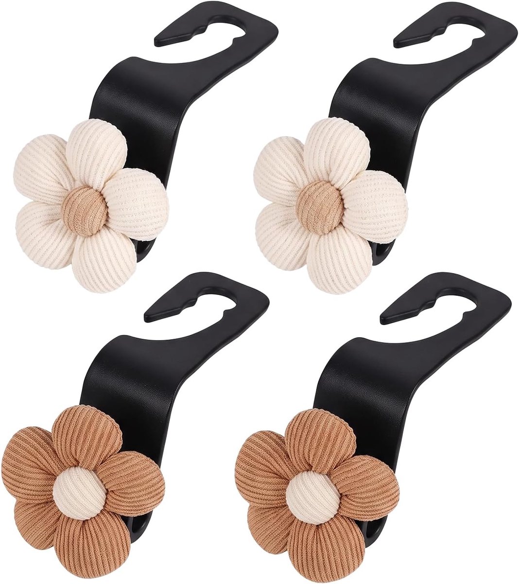 Set van 4 autohaken voor hoofdsteun met bloemendesign, schattige tashouders voor de achterbank, opberghaken voor handtassen en kleding, autoaccessoires, interieur, vrouwen, decoratie (2 wit, 2 bruin)