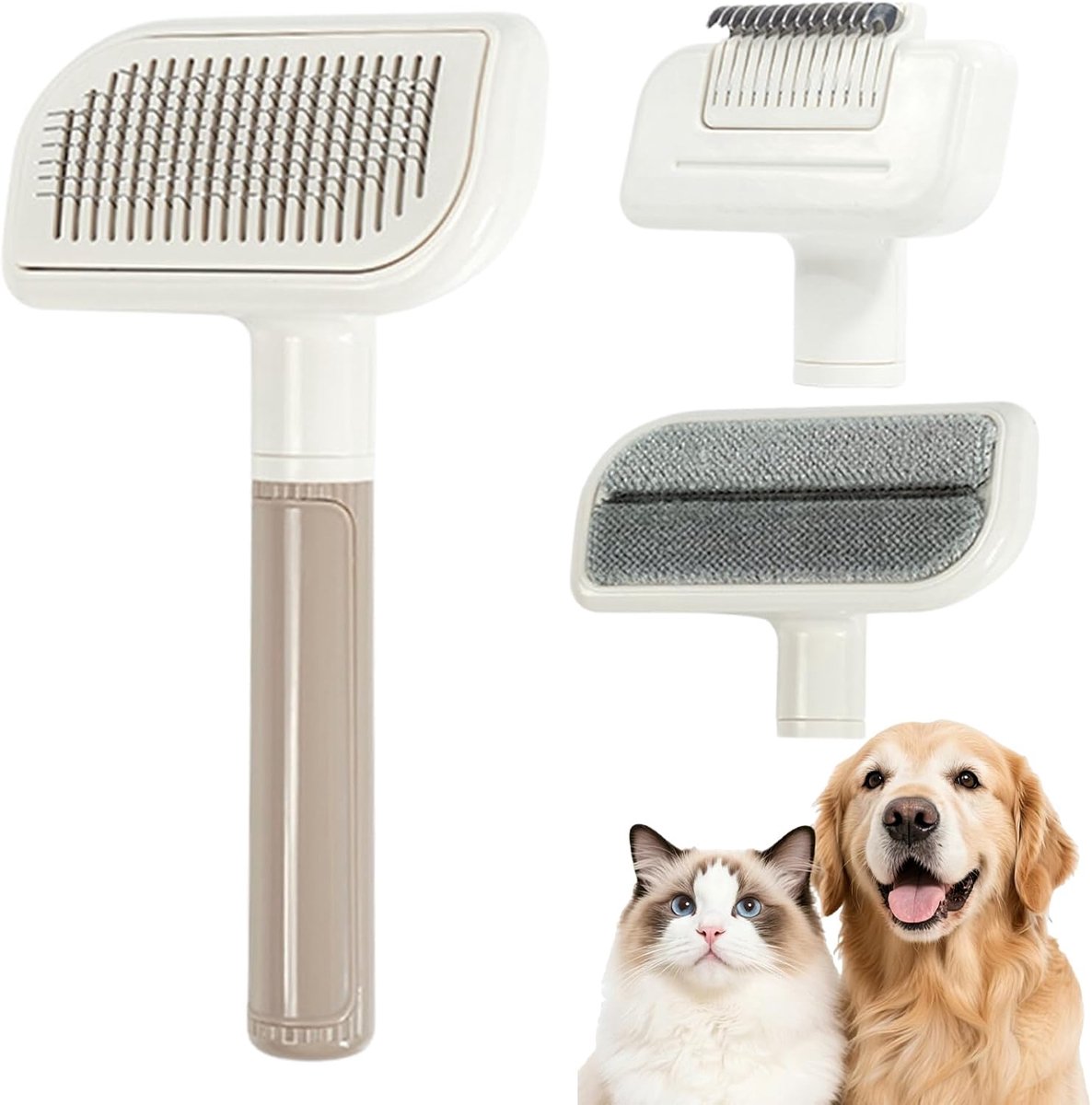 3-in-1 kattenborstel, lang haar en hondenborstel: hondenborstel, lange haren, verwisselbare koppen, zelfreinigende haarkam van ongewenst haar en ontwarren knopen, ontharing met één knop