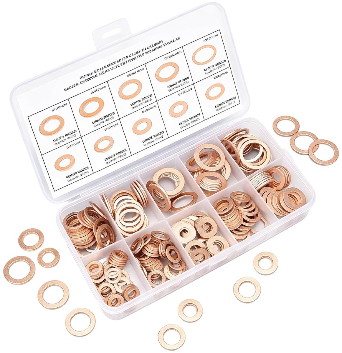 200 stuks koperen ringen, assortiment koperen afdichtringen, koperen ringen, assortiment M5, M6, M8, M10, M12, M14, koperen afdichtingsset voor commerciële apparaten, auto- en