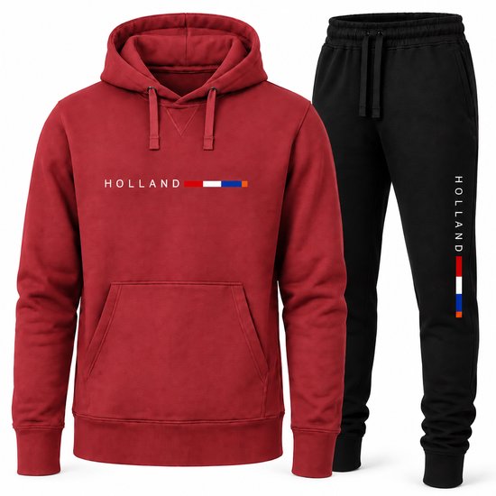 Rode hoodie met 'HOLLAND' en driekleurige streep. Zwarte joggingbroek met verticale 'HOLLAND' tekst en streep.