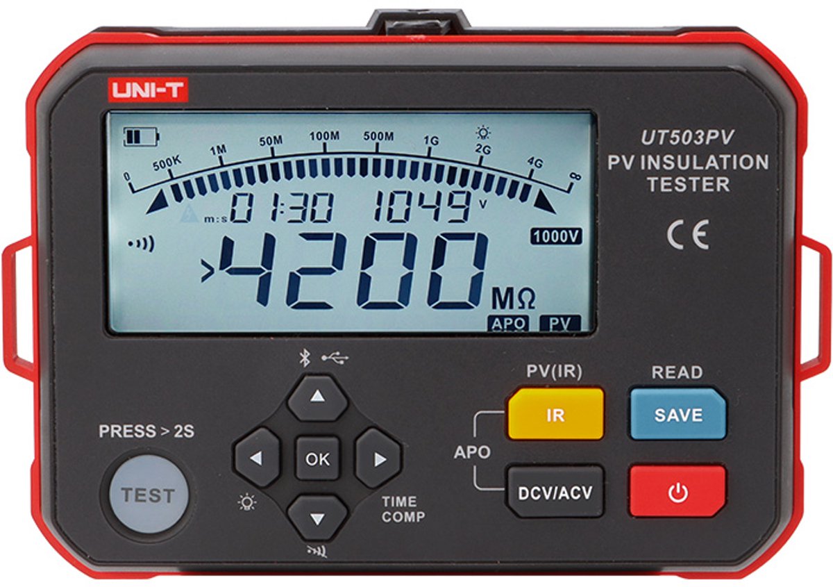 PV-isolatieweerstandstester, testspanning 125-1000V, CAT II 1000V, CAT III 600V, UNI-T