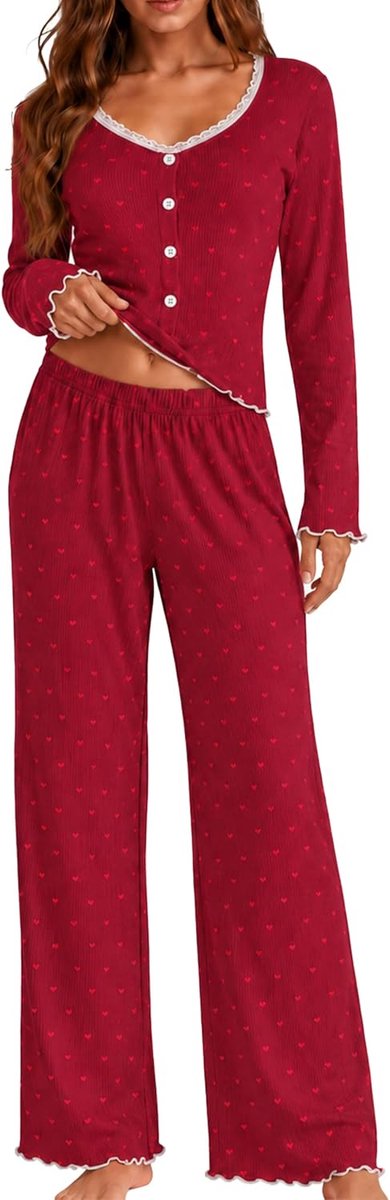 Damespyjama met lange mouwen, zachte top en broek met knopen