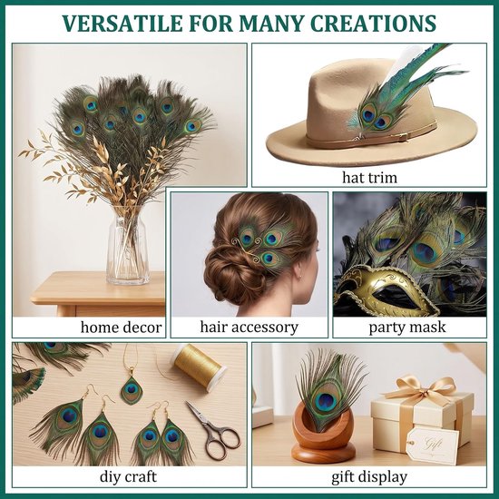 12 stuks natuurlijke pauwenveren 25-30 cm, iriserend oog 4-6 cm, decoratieve veren voor hoeden, carnavalsmaskers, vazen en sieraden, knutselaccessoires voor bruiloften en doe-het-zelf creaties — afbeelding 4