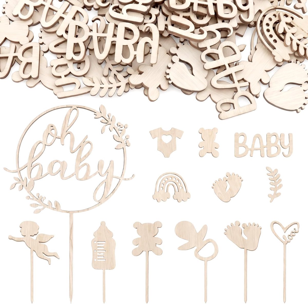 87 stuks Oh Baby taarttoppers, houten douchedecoratie, houten