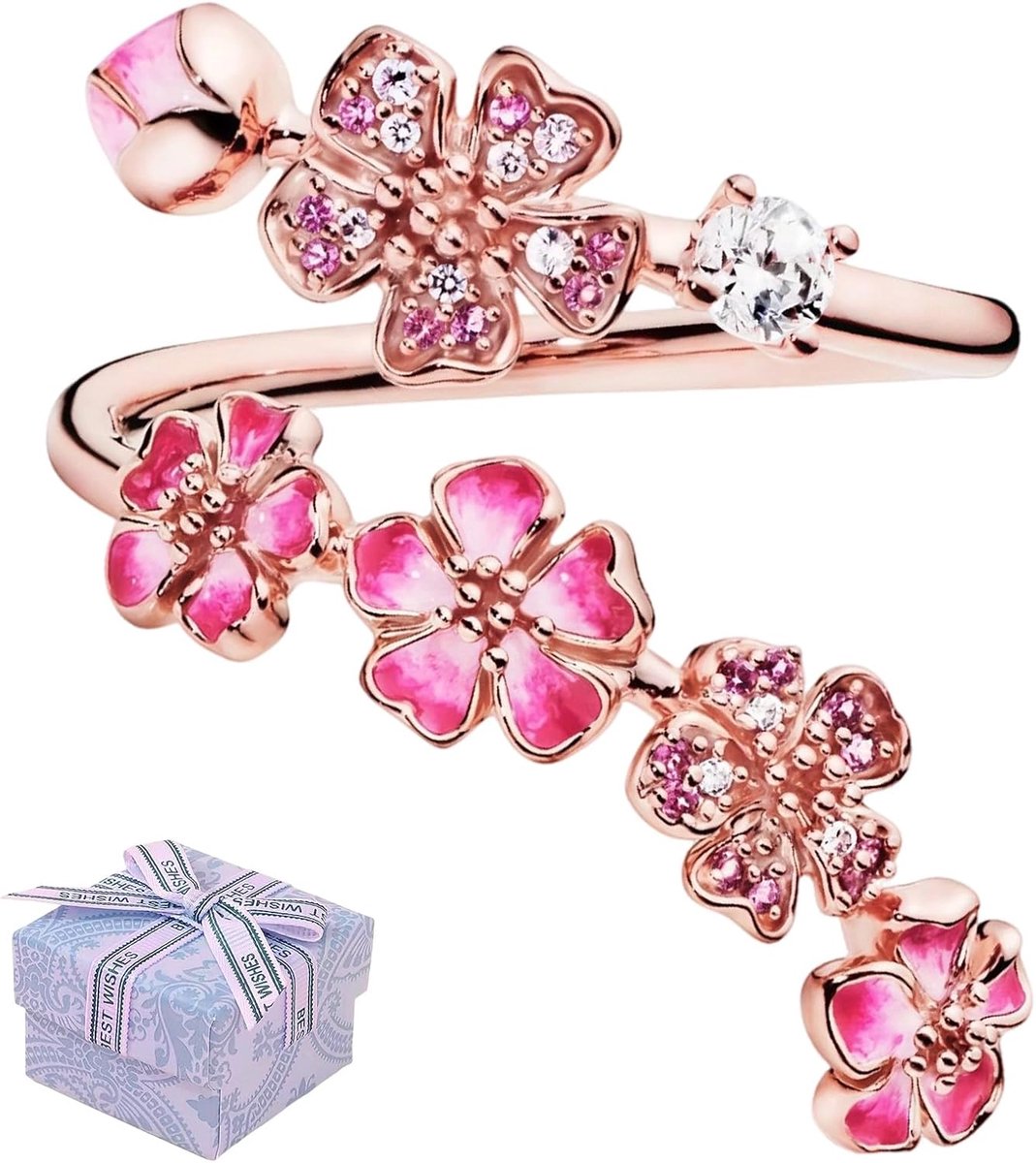 Ring verstelbaar, roségoud vergulde kersenbloesem ring