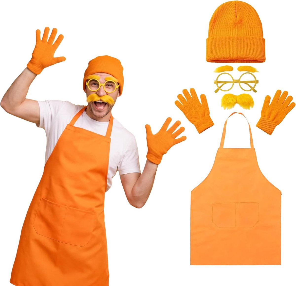 Kostuum voor Volwassenen, Dames & Heren, 6-Delige Leuke Verkleedset voor Halloween, Carnaval en Fasnacht: Gele Snor en Wenkbrauwen, Bril, Oranje Schort, Muts en Handschoenen