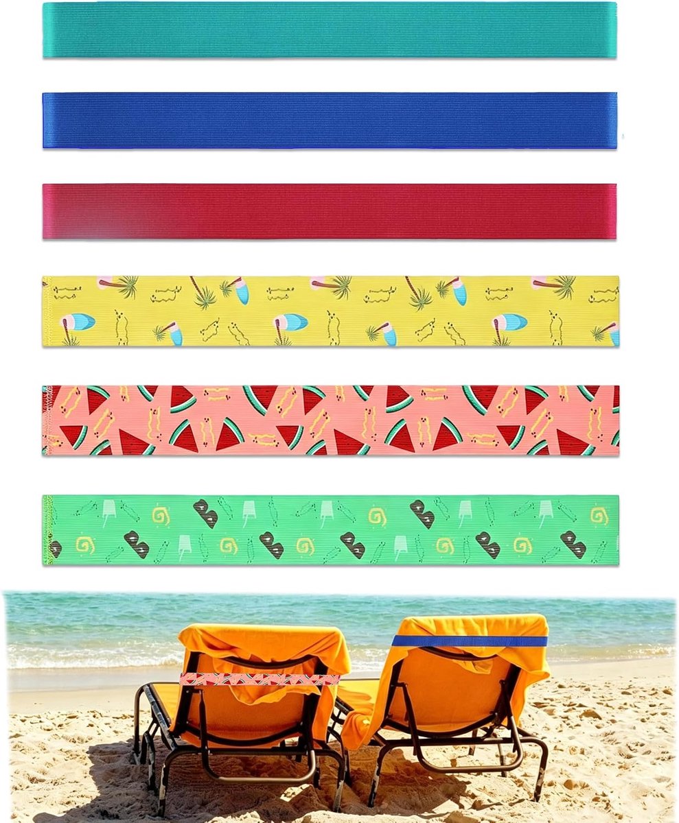 6 Stuks Handdoekbanden voor Strandstoelen, 2 Stijlen Elastische Rubberen Strandhanddoekklemmen, Rekbare Handdoekbanden van Siliconen en Polyester voor Zwembad Camping en Vakantie