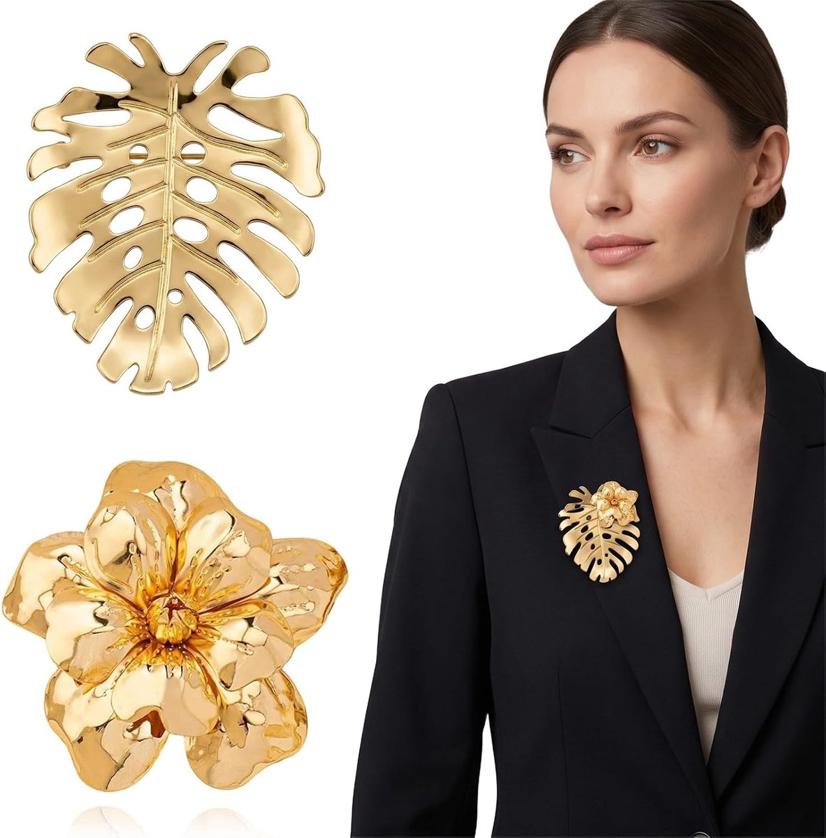 Broches voor kleding, broche bloem en monstera-blad vintage goud, bloemen voor kleding, elegante metalen broches voor dames, accessoires voor bruiloft, ceremonie en avondjurken