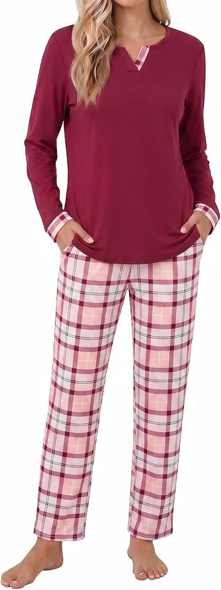 Damespyjama met lange mouwen en inkepingen in geruite pyjama's met