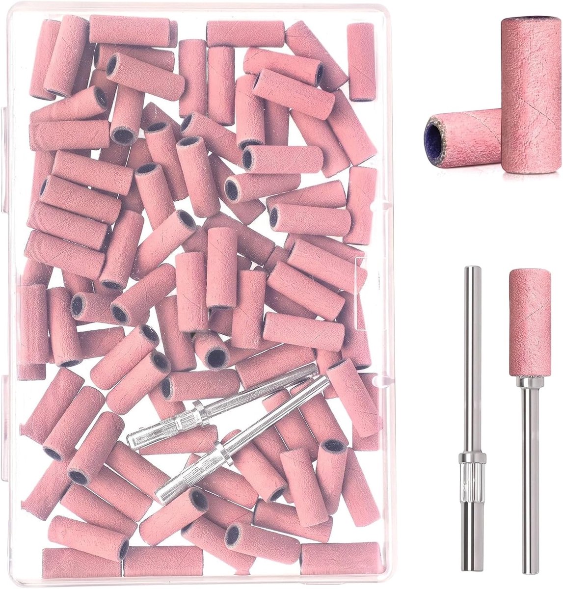 100 stuks schuurbanden voor nagelfrees, korrel 240, roze, met 2 opzetstukken van 3 mm, mini-frees voor gel- en acrylnagels, slijpvijlen voor professionele manicure en pedicure